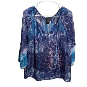 Company One Blouse Women's Medium V-Neck Sheer Printed 3/4 Sleeve Tie Shirt